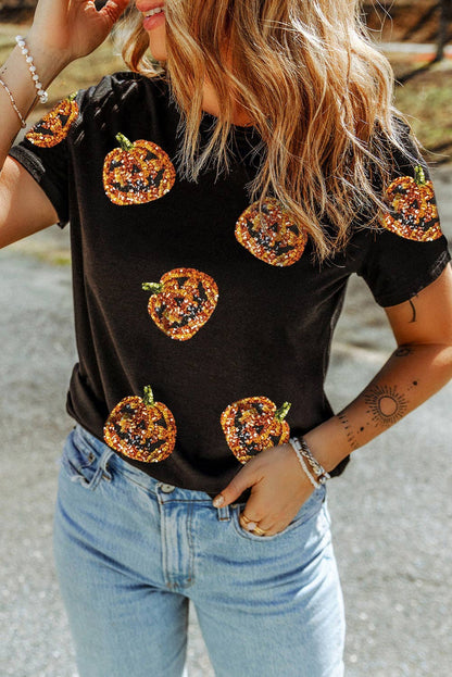 Sequin Pumpkin Halloween Tee