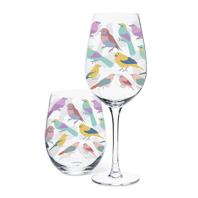 Pastel Birds Stemless Wine Glass