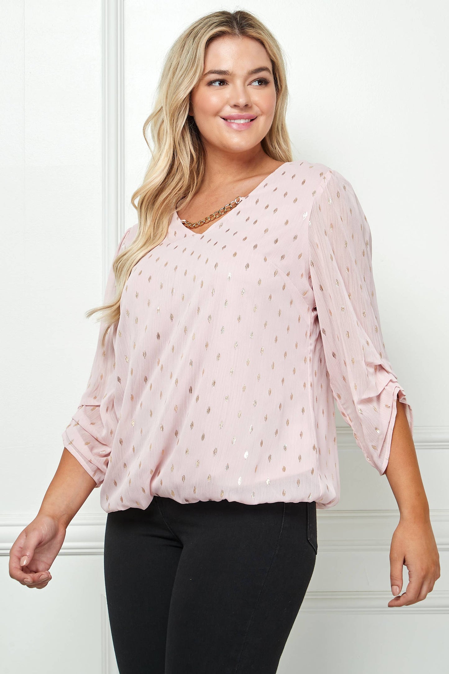 3/4 Sleeve V-Neck Top with Front Neck Chain Detail