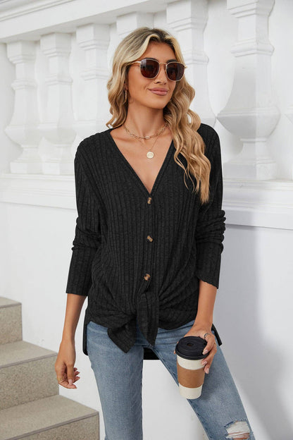 Ribbed Black Button-Down Cardigan
