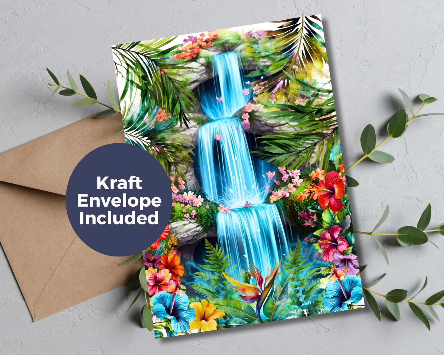 Watercolor Greeting Card - Tropical Waterfall