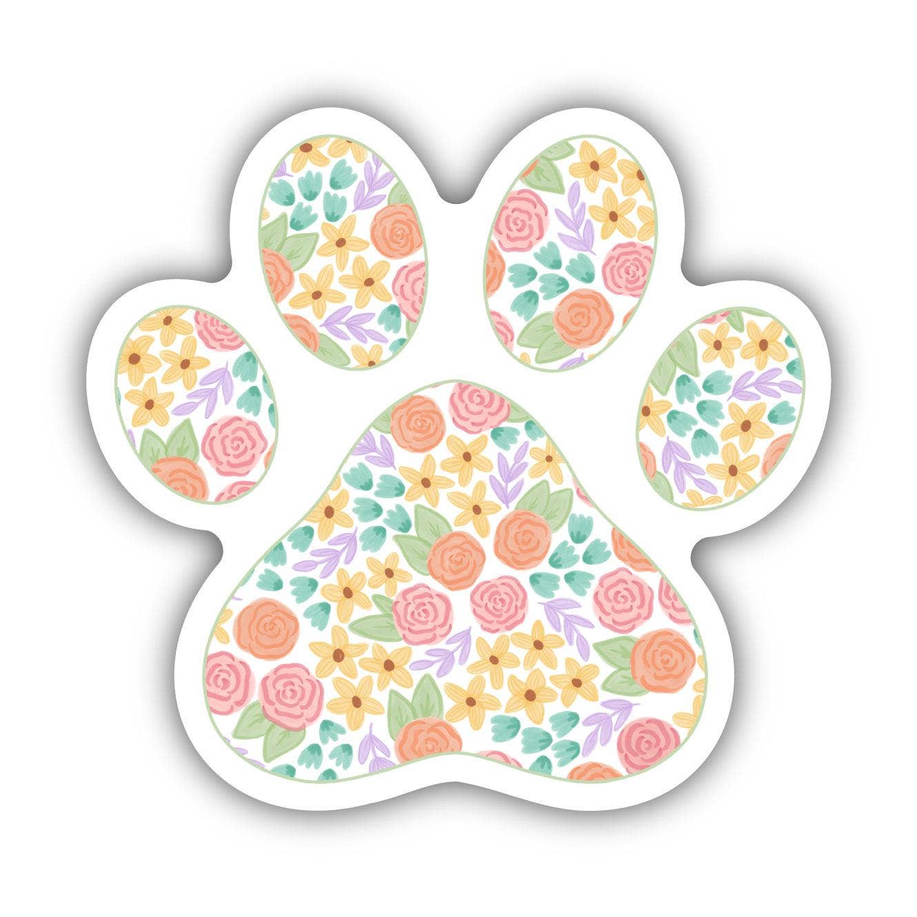 A paw print shaped sticker with a colorful floral design.