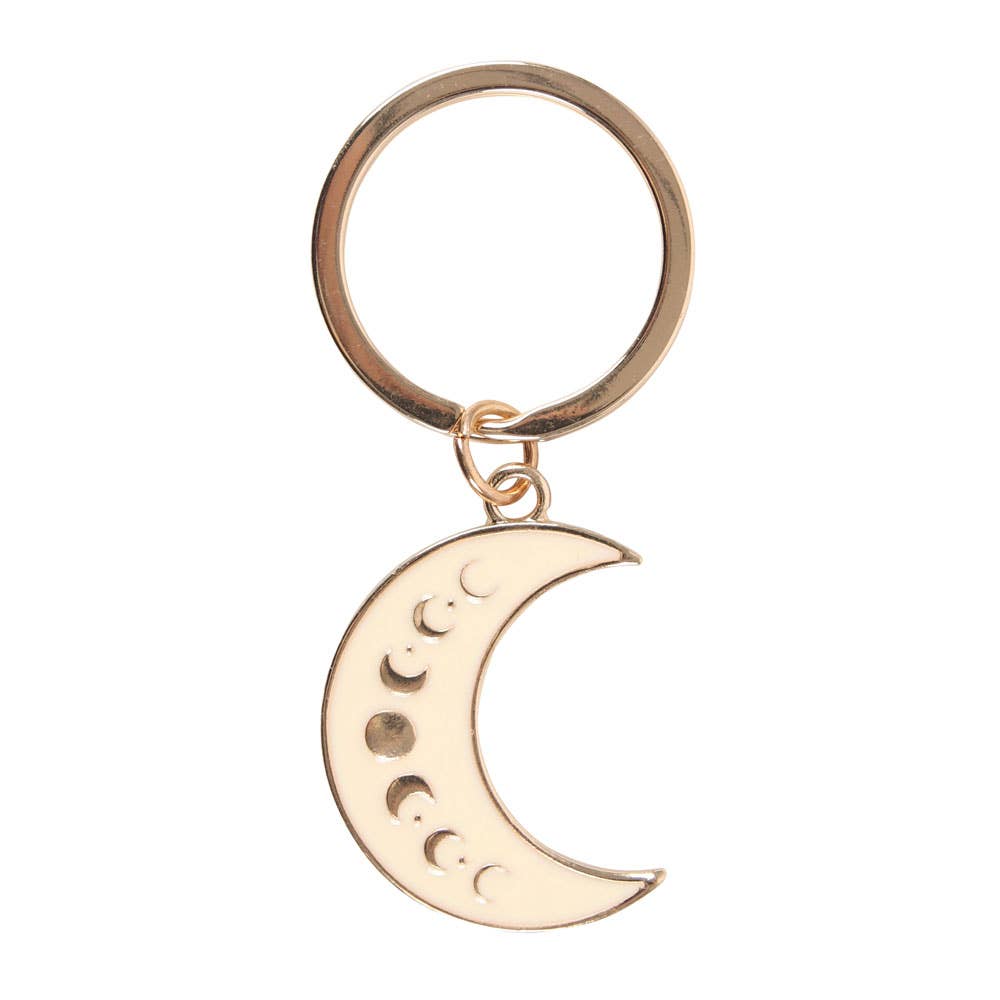 Enamel keychain of a crescent moon showing the moon phases.