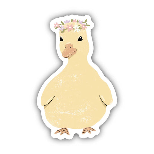A sticker of a cute duckling with a flower crown