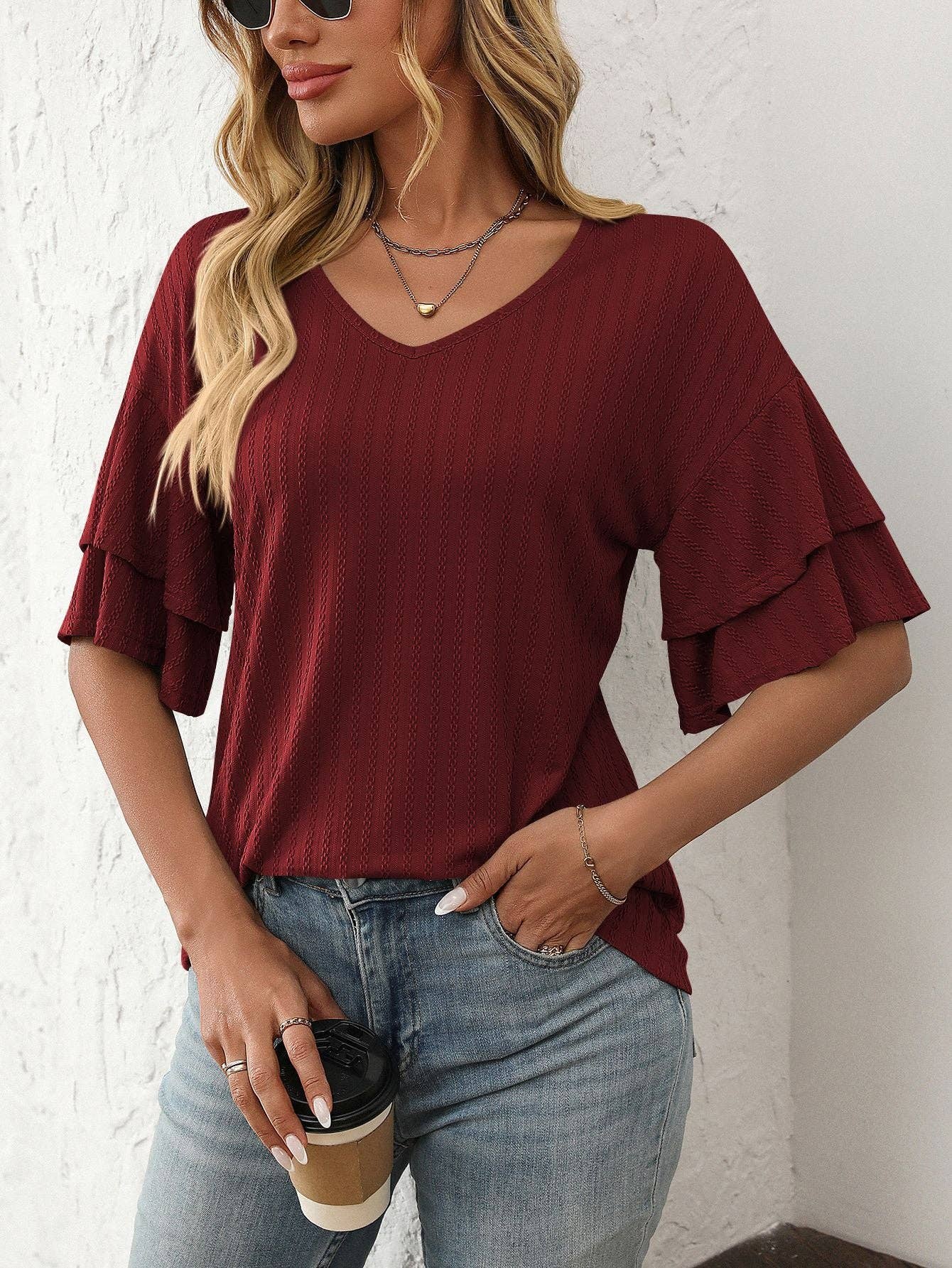Burgundy V-Neck Ruffle Sleeve Blouse
