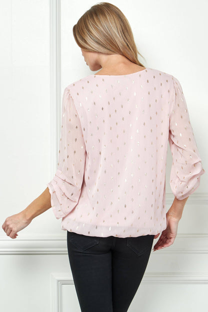 3/4 Sleeve V-Neck Top with Front Neck Chain Detail