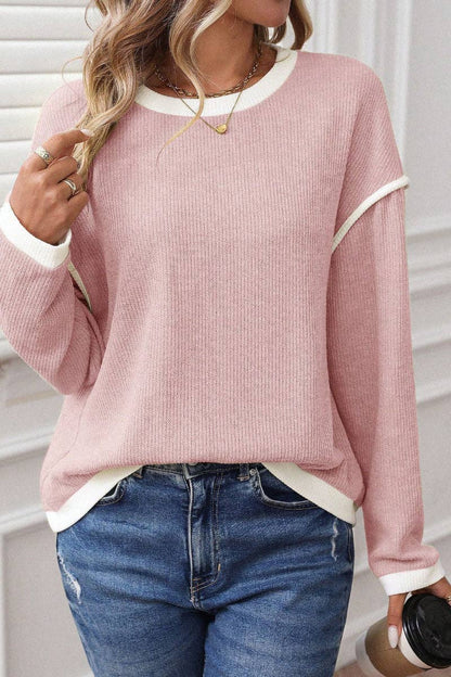 Pink and White Crewneck Knit Sweatshirt