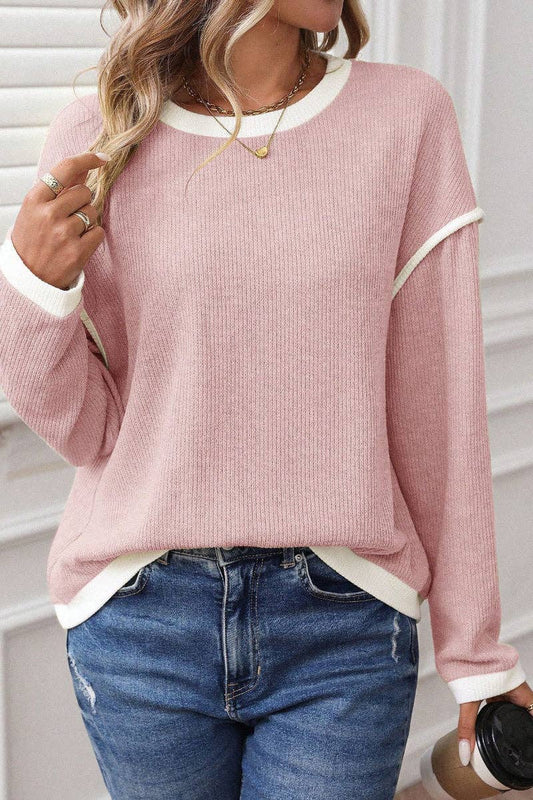 Pink and White Crewneck Knit Sweatshirt