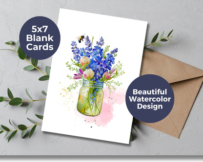 Watercolor Greeting Card - Blue Bouquet with Bee