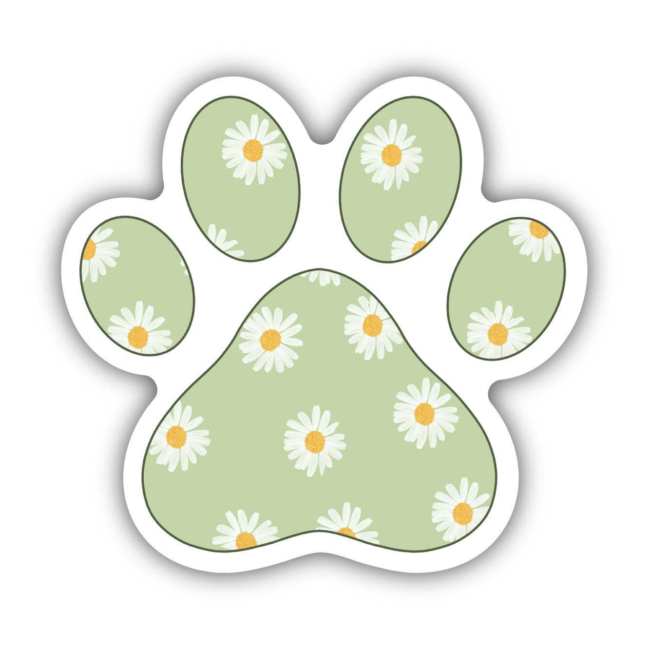 Paw print shaped sticker with a green background and daisies inside.