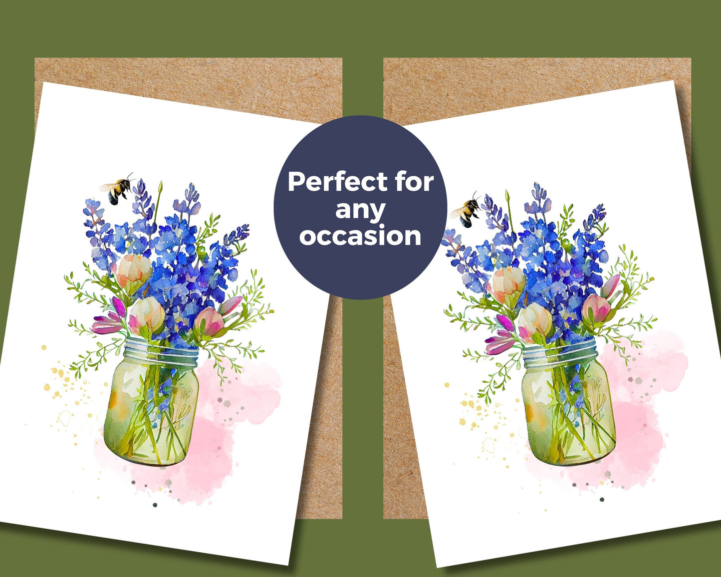 Watercolor Greeting Card - Blue Bouquet with Bee