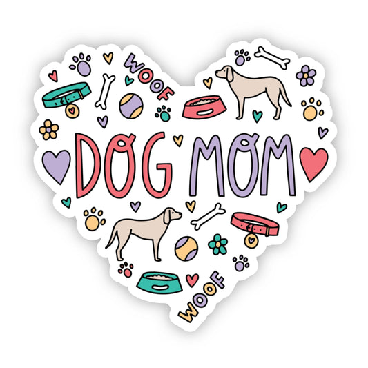 A heart-shaped sticker with "Dog Mom" in the middle and dog themed icons around it