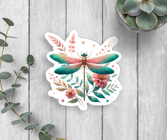 Dragonfly sticker in teal and pink with flowers