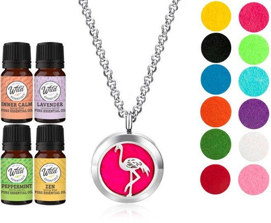 Flamingo Diffuser Necklace Set with 4 essential oils