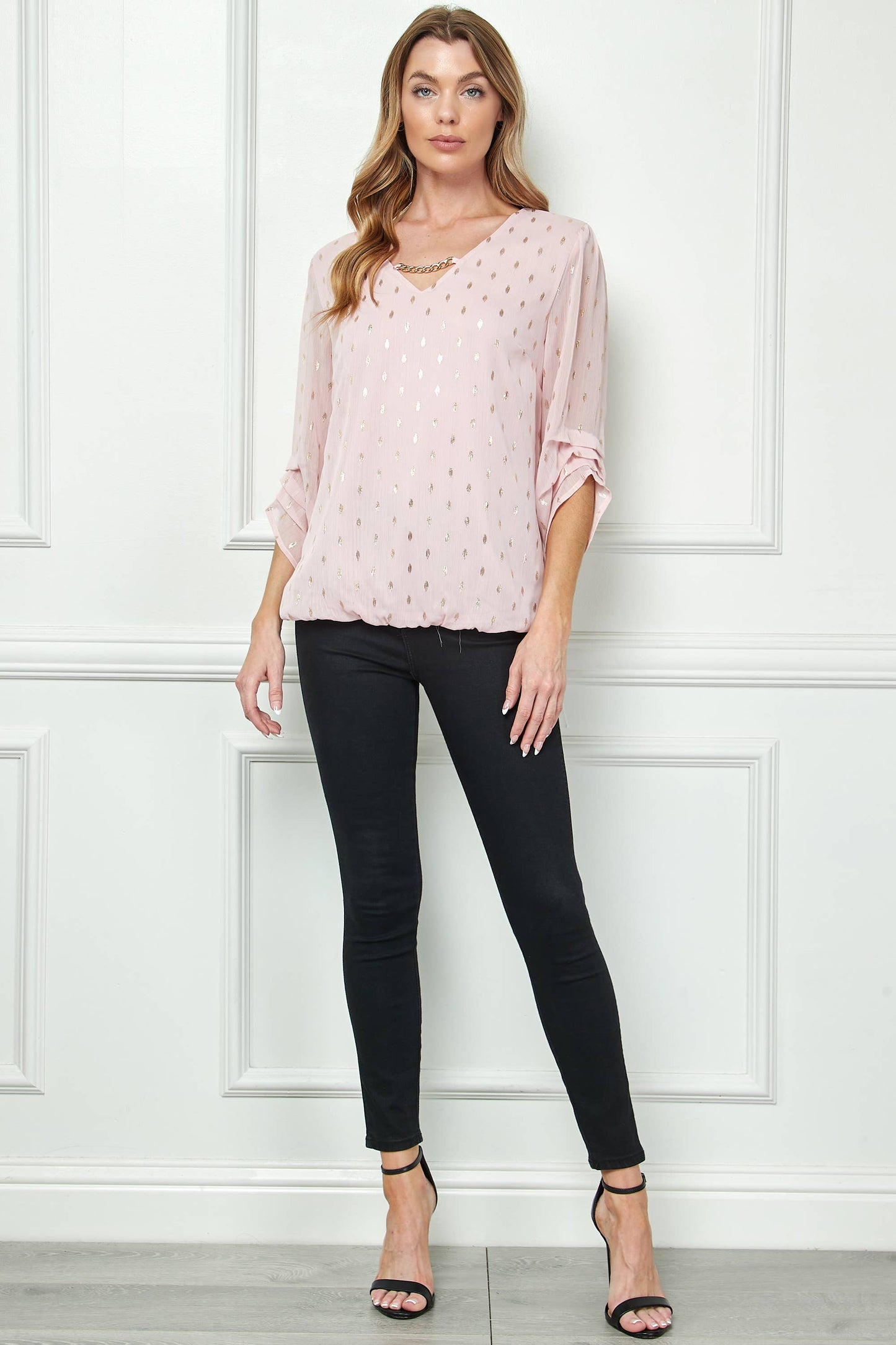 3/4 Sleeve V-Neck Top with Front Neck Chain Detail