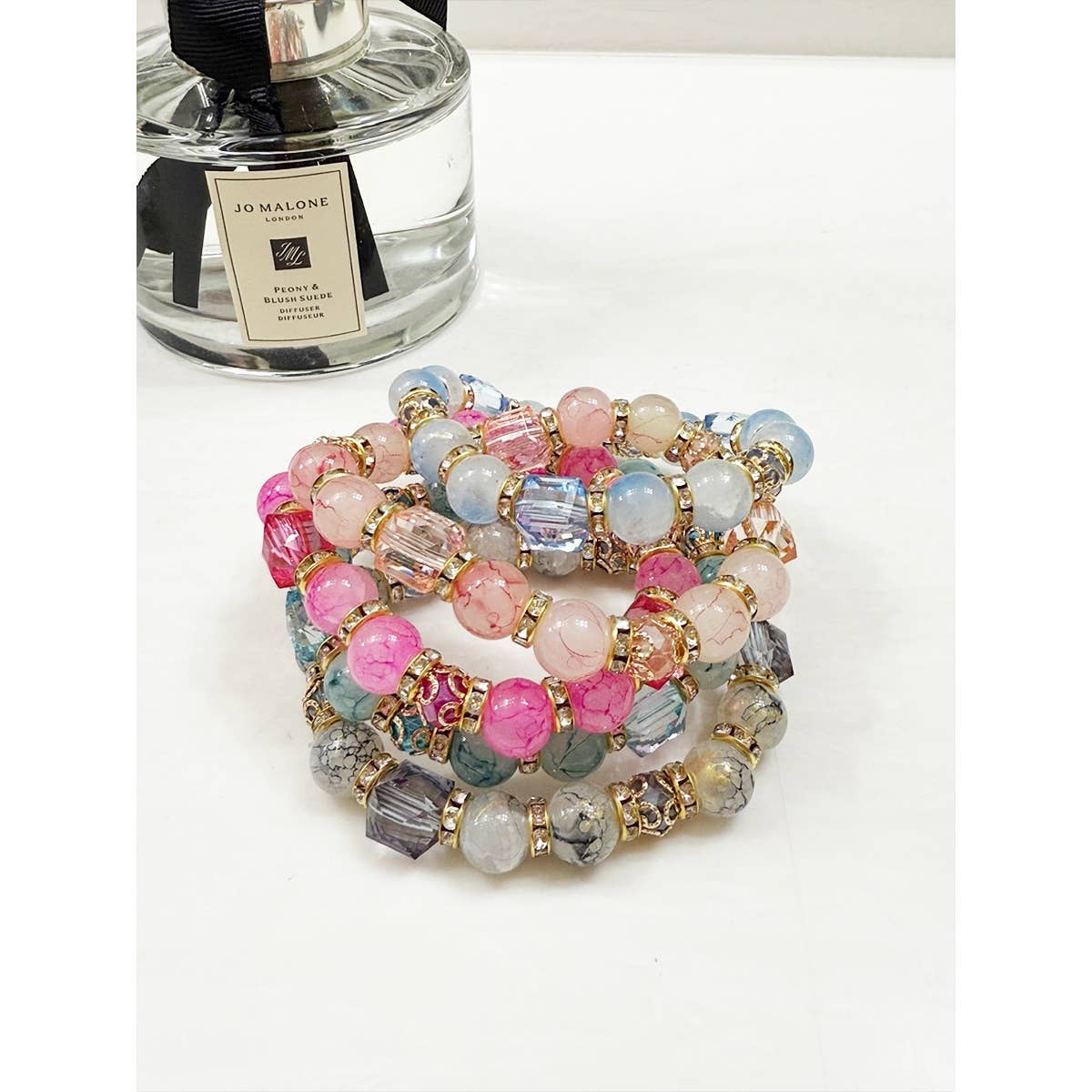 Stacked elegant beaded stretch bracelets