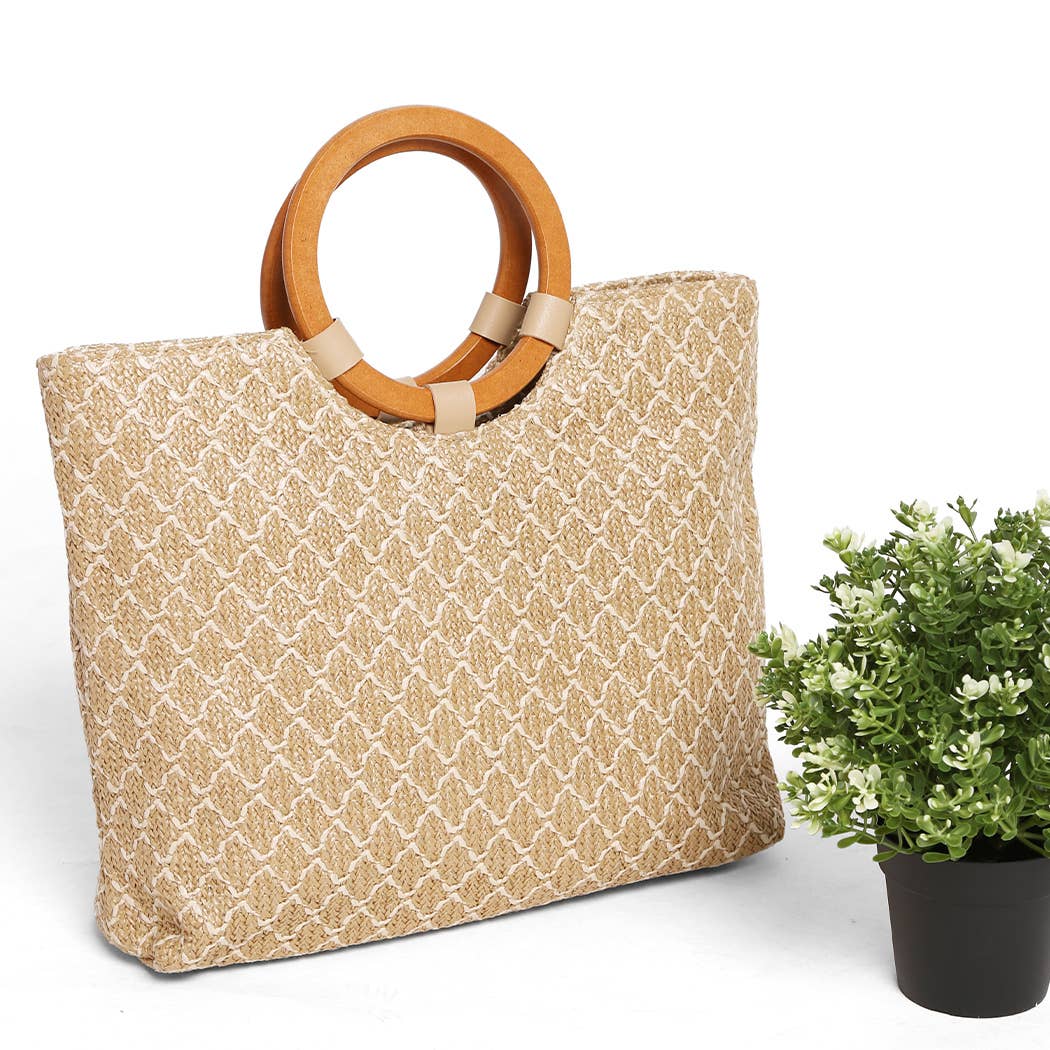 Wooden Round Handle Straw Tote Bag