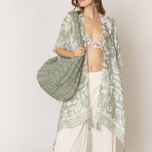 Leaf Print Summer Kimono with Tassels