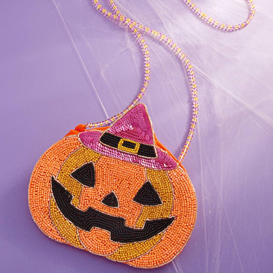 Halloween Seed-Beaded Pumpkin Crossbody Bag