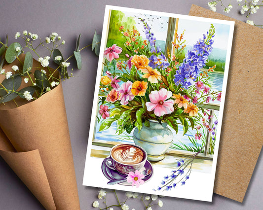 Floral Bouquet in Scenic Window Greeting Card