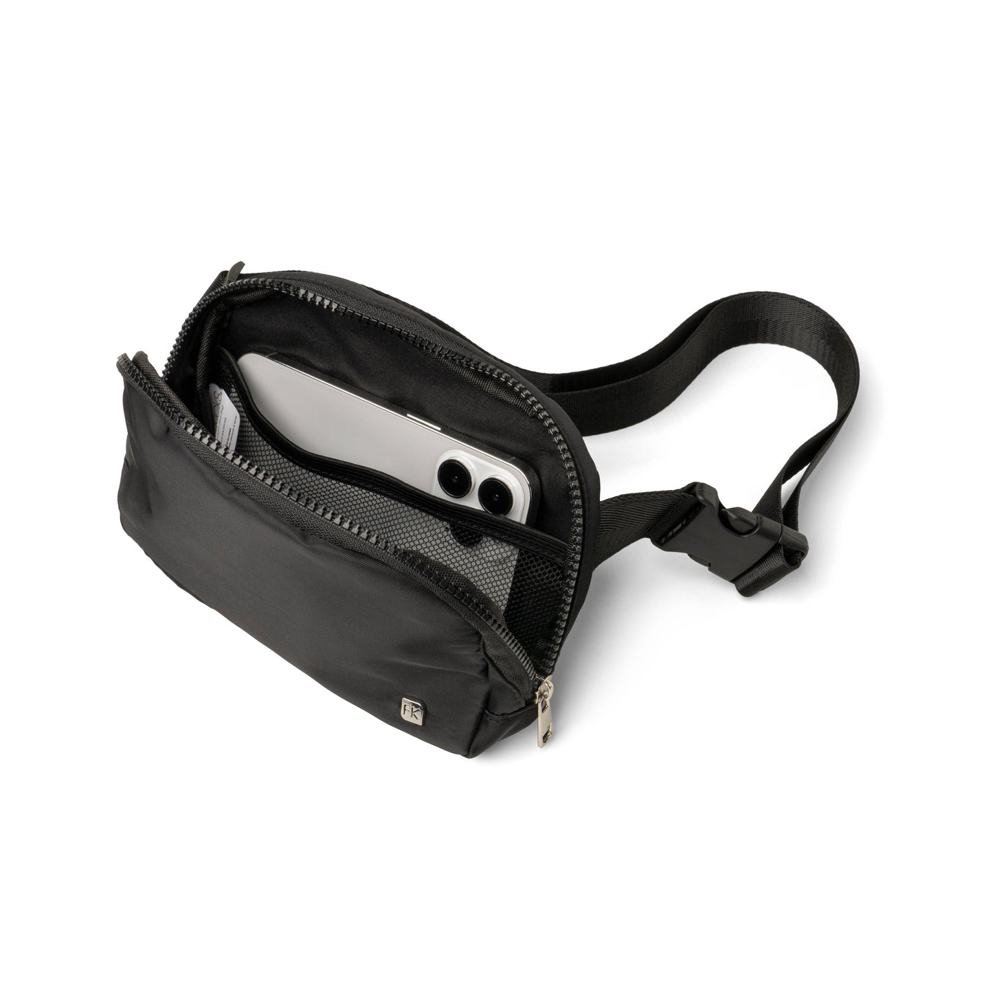 Fitkicks airlight belt bag open, showing phone inside of mesh pocket.