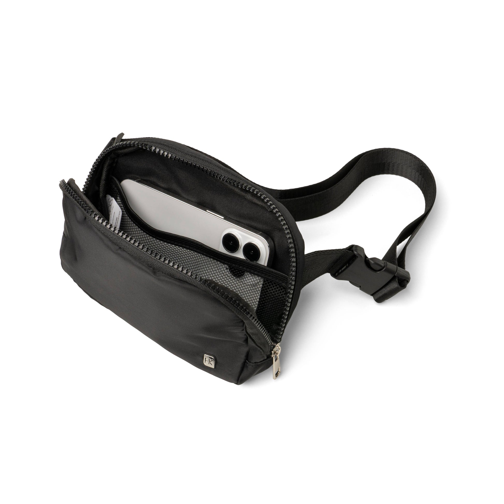Fitkicks airlight belt bag open, showing phone inside of mesh pocket.