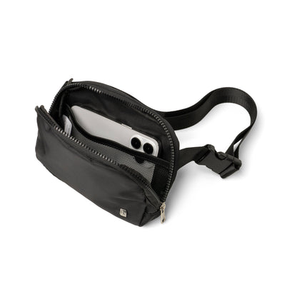 Fitkicks airlight belt bag open, showing phone inside of mesh pocket.
