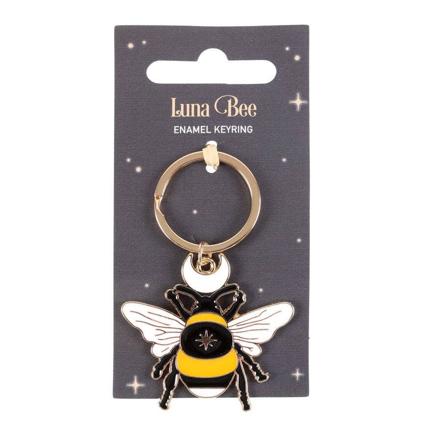 Enamel bee keychain on a backing card labeled Luna Bee.