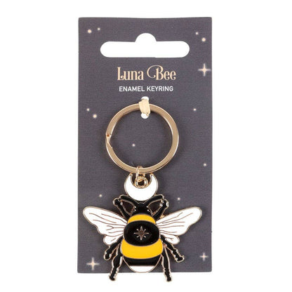 Enamel bee keychain on a backing card labeled Luna Bee.