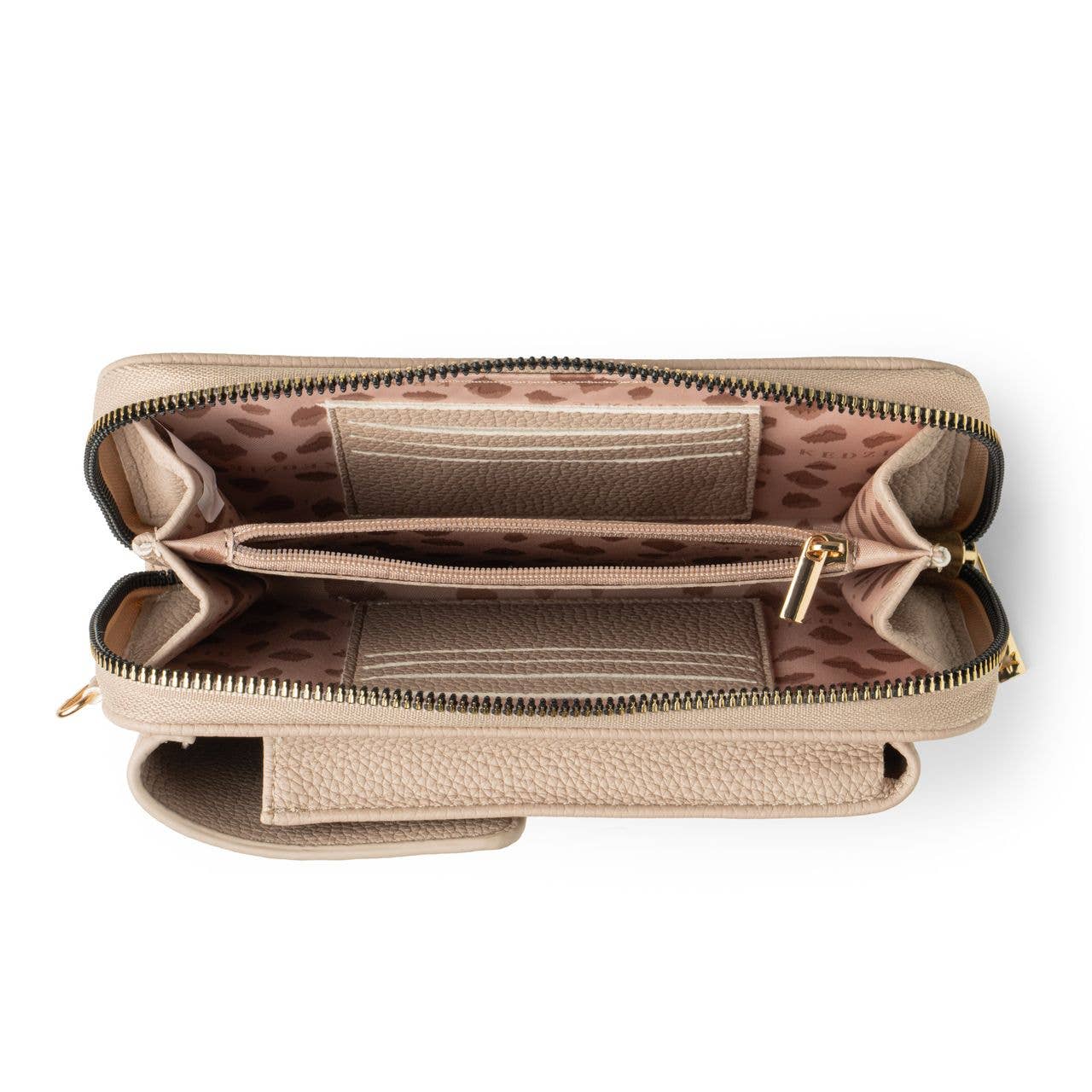 Open and interior view of Eclipse smartphone crossbody bag by Kedzie.