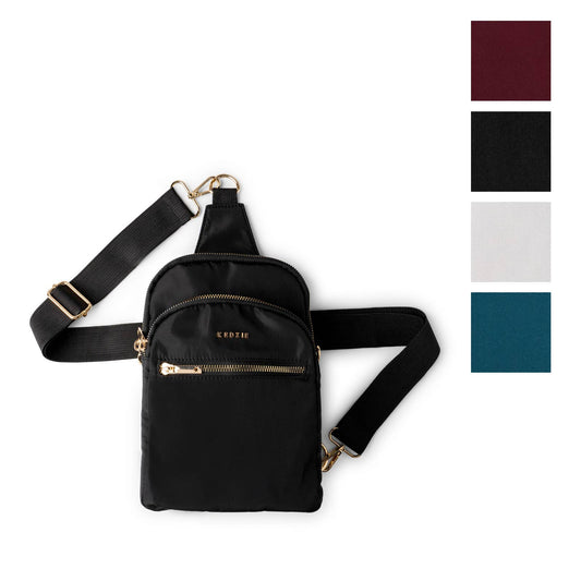 Roundtrip convertible sling bag by Kedzie in Black and with color swatches.