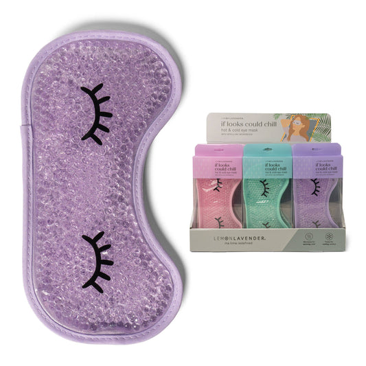 Hot and cold gel eye mask from Lemon Lavender in purple, pink, and turquoise in display box.