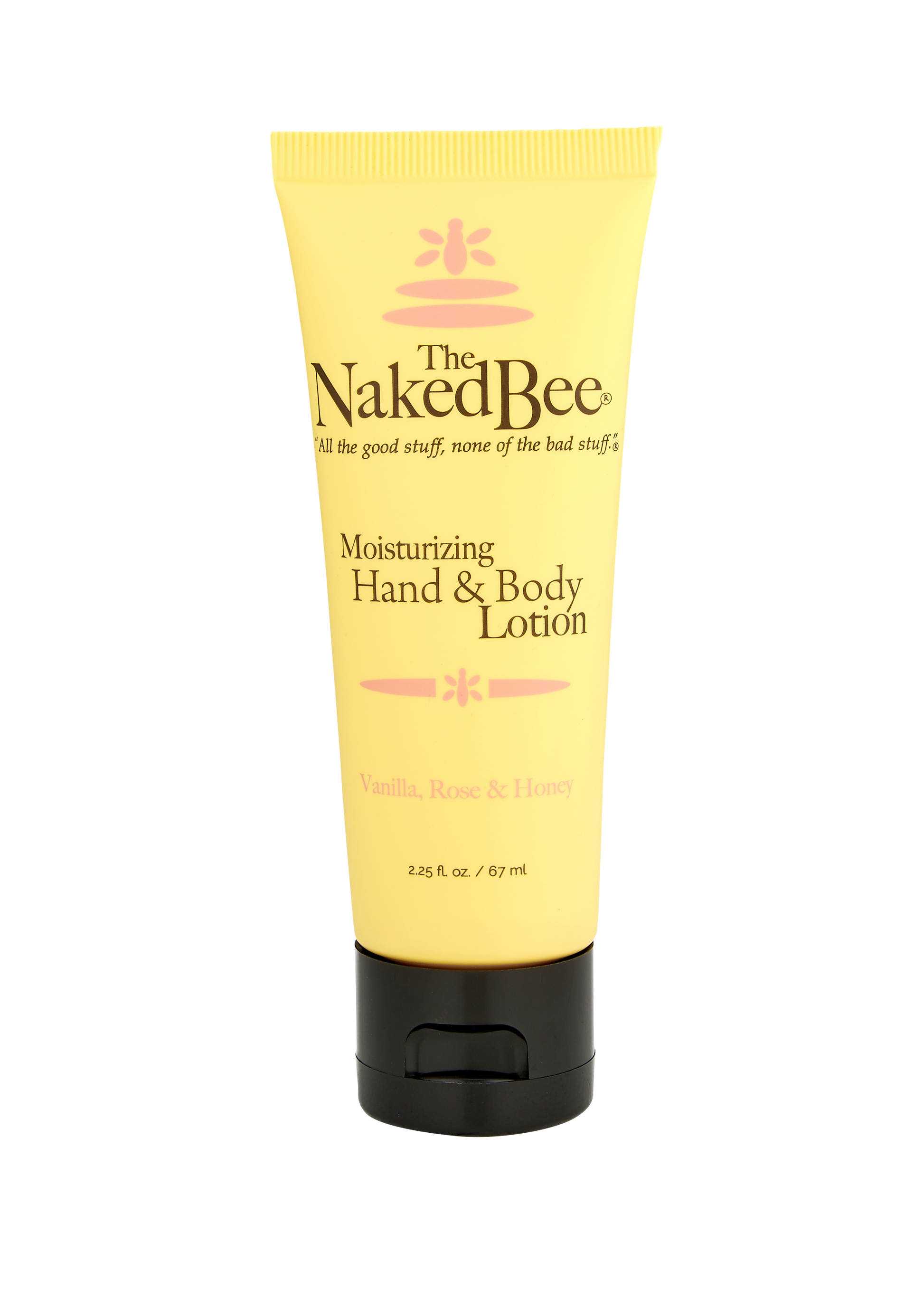 Moisturizing hand and body lotion by The Naked Bee in Vanilla, Rose, and Honey scent. 2.25 oz