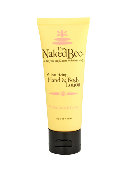 Moisturizing hand and body lotion by The Naked Bee in Vanilla, Rose, and Honey scent. 2.25 oz