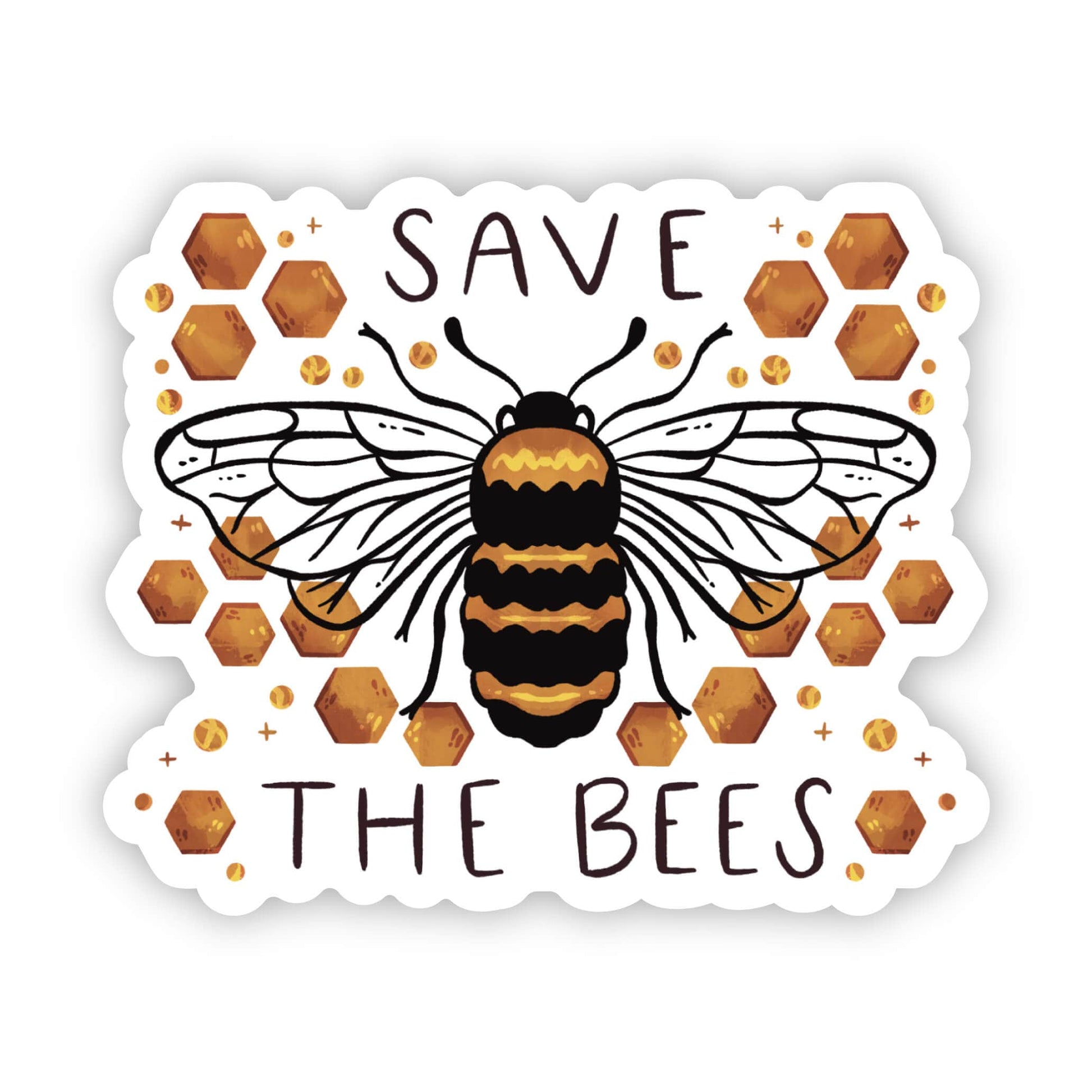 Bee sticker with a honeycomb design and the message "save the bees"