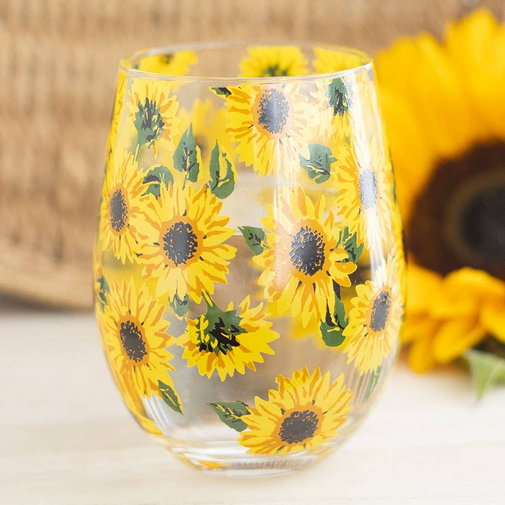 Stemless wine glass with an all-over sunflower print.