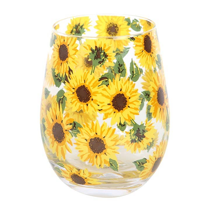 Stemless wine glass with an all-over sunflower pattern.