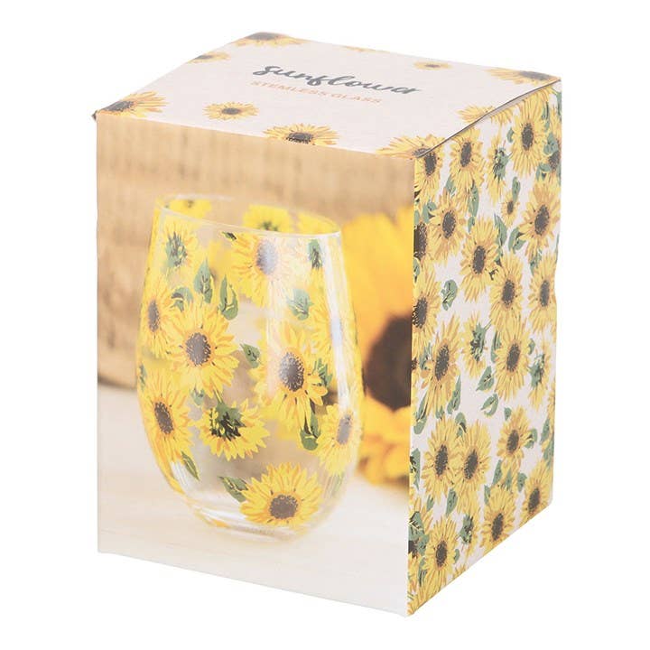Box for stemless wine glass with an all-over sunflower pattern.