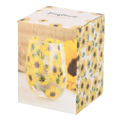 Box for stemless wine glass with an all-over sunflower pattern.